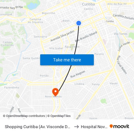Shopping Curitiba (Av. Visconde De Guarapuava, 3850) to Hospital Novo Mundo map