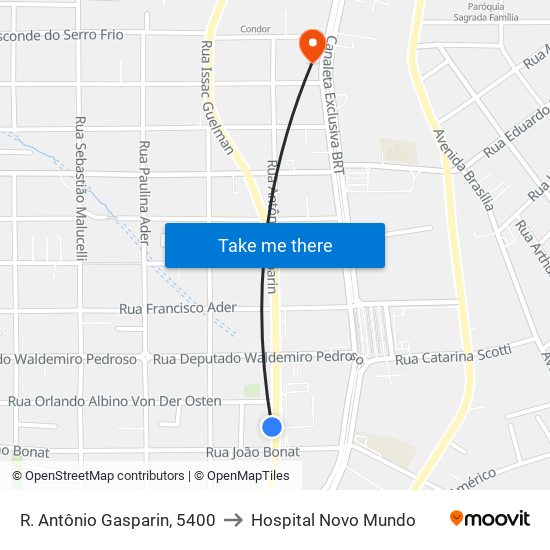 R. Antônio Gasparin, 5400 to Hospital Novo Mundo map