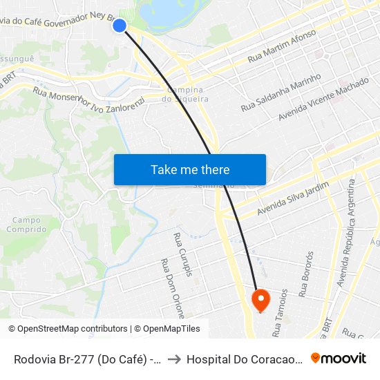 Rodovia Br-277 (Do Café) - Parque Barigui to Hospital Do Coracao Constantino map