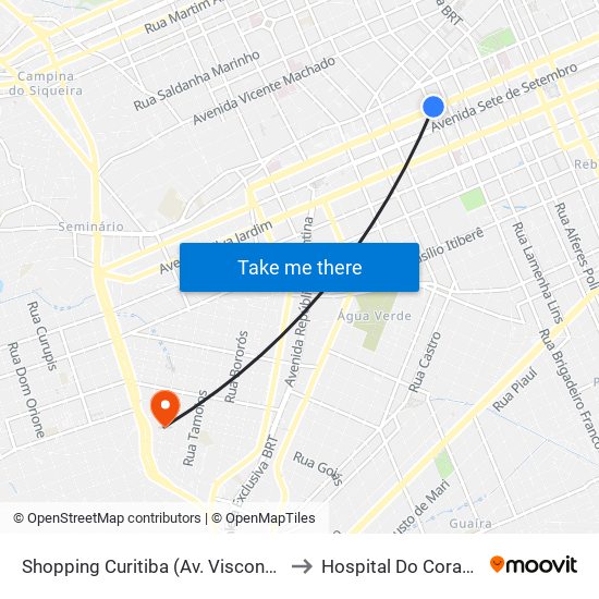 Shopping Curitiba (Av. Visconde De Guarapuava, 3850) to Hospital Do Coracao Constantino map