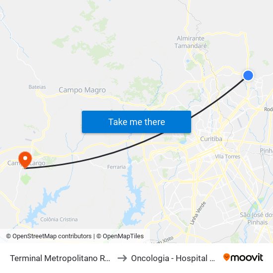 Terminal Metropolitano Roça Grande to Oncologia - Hospital São Lucas map