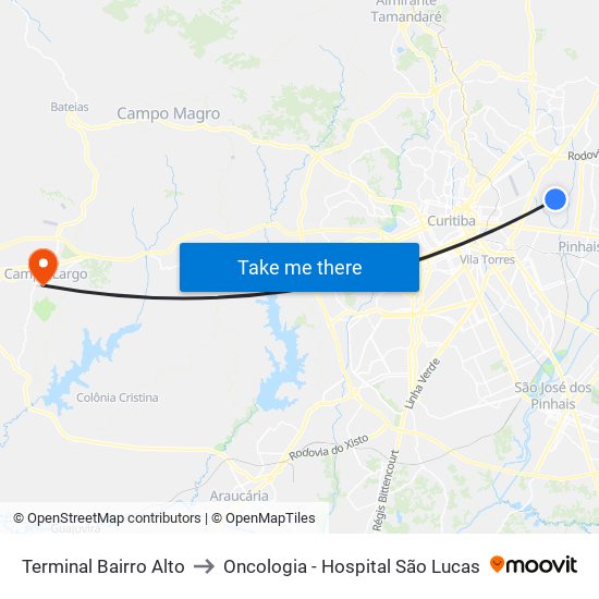 Terminal Bairro Alto to Oncologia - Hospital São Lucas map