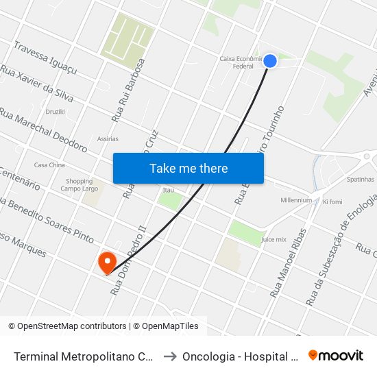 Terminal Metropolitano Campo Largo to Oncologia - Hospital São Lucas map