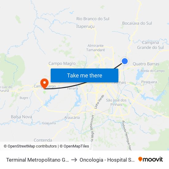 Terminal Metropolitano Guaraituba to Oncologia - Hospital São Lucas map