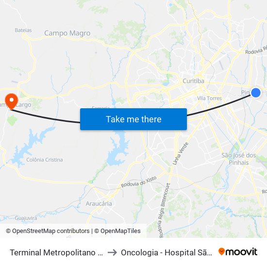 Terminal Metropolitano Pinhais to Oncologia - Hospital São Lucas map
