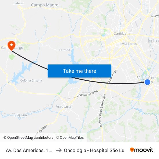 Av. Das Américas, 1111 to Oncologia - Hospital São Lucas map