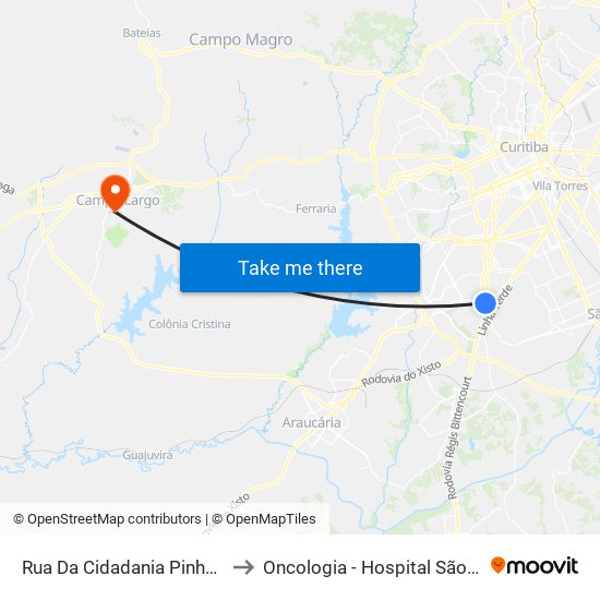 Rua Da Cidadania Pinheirinho to Oncologia - Hospital São Lucas map