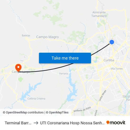 Terminal Barreirinha to UTI Coronariana Hosp Nossa Senhora Do Rocio map