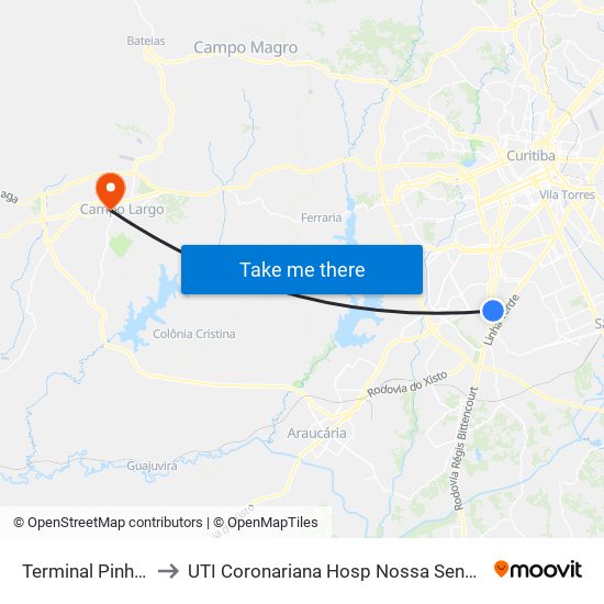 Terminal Pinheirinho to UTI Coronariana Hosp Nossa Senhora Do Rocio map