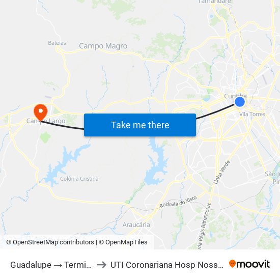 Guadalupe → Terminal Pinheirinho to UTI Coronariana Hosp Nossa Senhora Do Rocio map