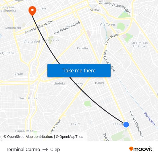 Terminal Carmo to Ciep map