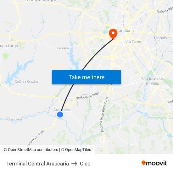 Terminal Central Araucária to Ciep map