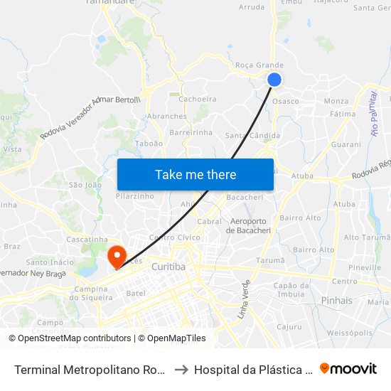 Terminal Metropolitano Roça Grande to Hospital da Plástica Curitiba map