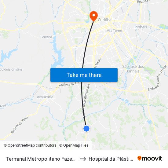 Terminal Metropolitano Fazenda Rio Grande to Hospital da Plástica Curitiba map