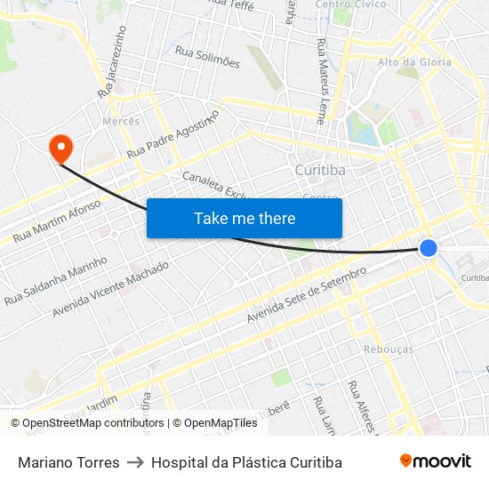 Mariano Torres to Hospital da Plástica Curitiba map