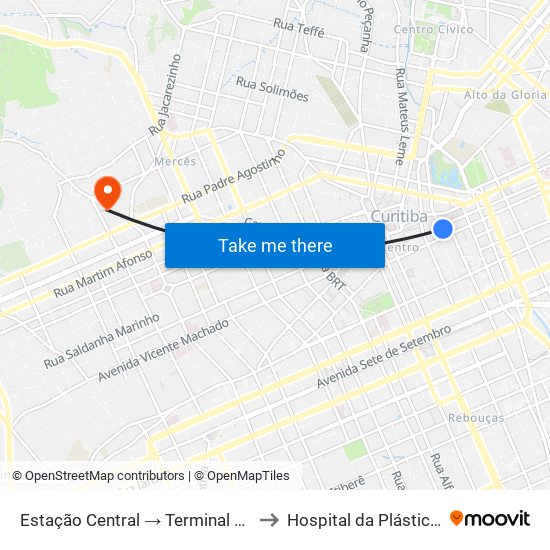 Estação Central → Terminal Santa Cândida to Hospital da Plástica Curitiba map