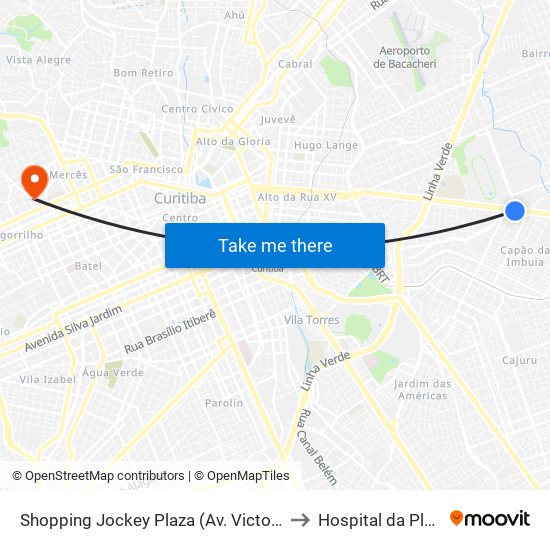 Shopping Jockey Plaza (Av. Victor Ferreira Do Amaral, 2694) to Hospital da Plástica Curitiba map