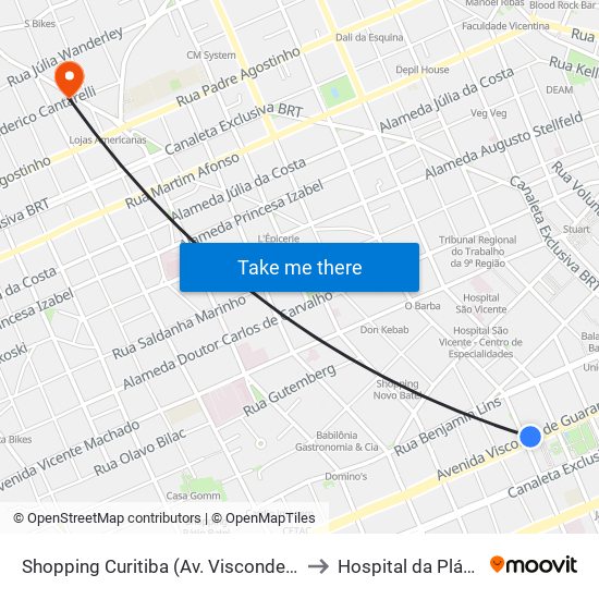 Shopping Curitiba (Av. Visconde De Guarapuava, 3850) to Hospital da Plástica Curitiba map