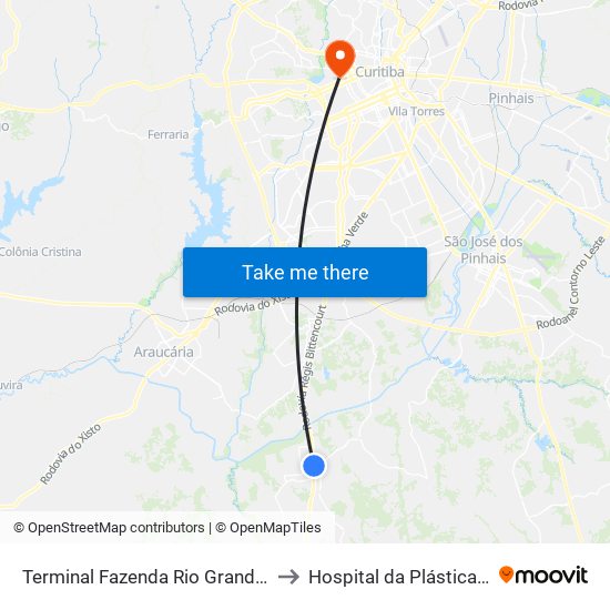 Terminal Fazenda Rio Grande (Externo) to Hospital da Plástica Curitiba map