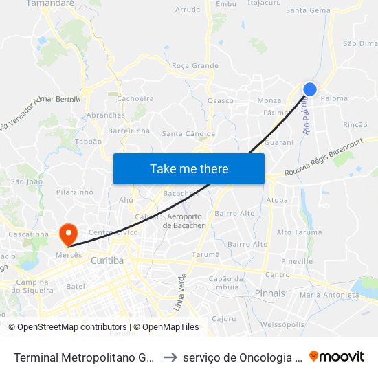 Terminal Metropolitano Guaraituba to serviço de Oncologia (HNSG) map