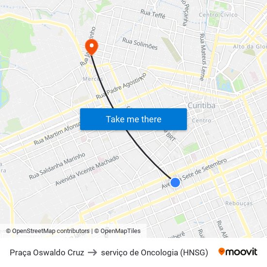 Praça Oswaldo Cruz to serviço de Oncologia (HNSG) map