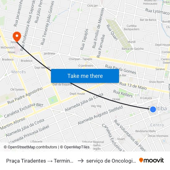 Praça Tiradentes → Terminal Bairro Alto to serviço de Oncologia (HNSG) map