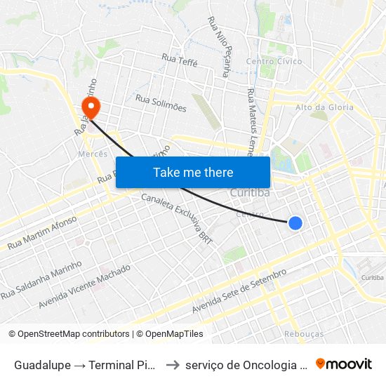 Guadalupe → Terminal Pinheirinho to serviço de Oncologia (HNSG) map