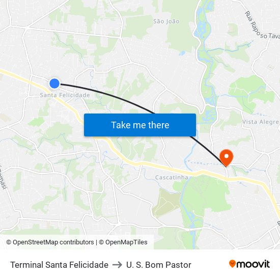 Terminal Santa Felicidade to U. S. Bom Pastor map