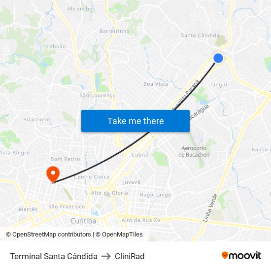 Terminal Santa Cândida to CliniRad map