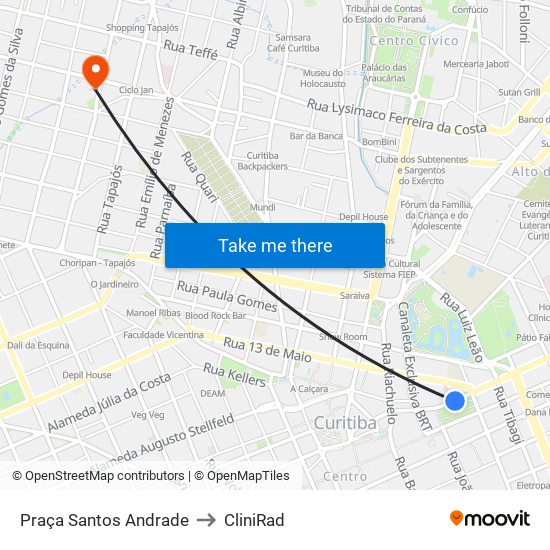 Praça Santos Andrade to CliniRad map