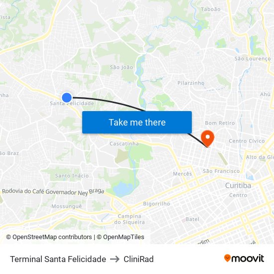 Terminal Santa Felicidade to CliniRad map