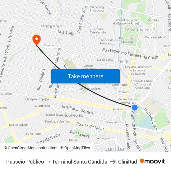 Passeio Público → Terminal Santa Cândida to CliniRad map
