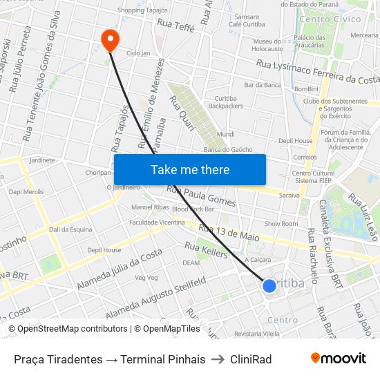 Praça Tiradentes → Terminal Pinhais to CliniRad map