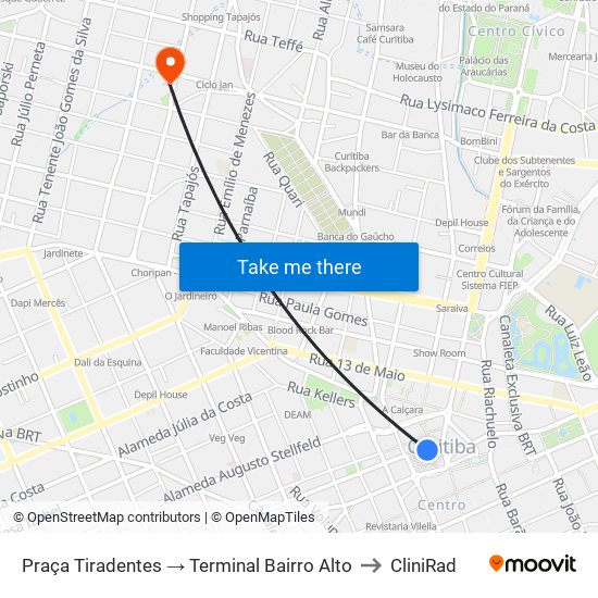 Praça Tiradentes → Terminal Bairro Alto to CliniRad map