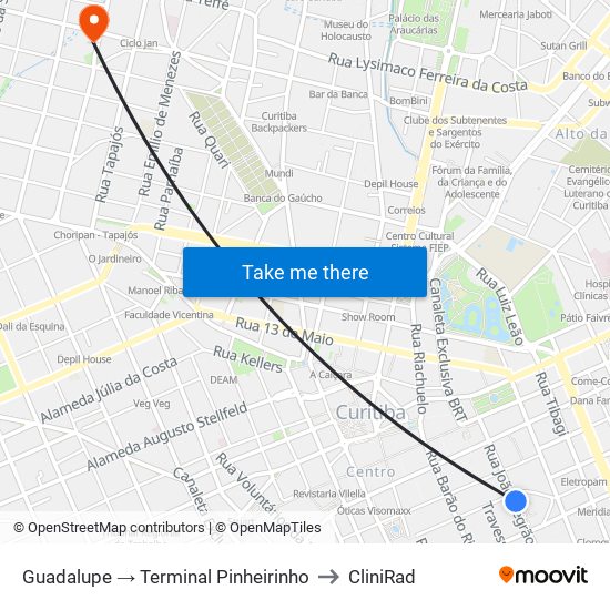 Guadalupe → Terminal Pinheirinho to CliniRad map