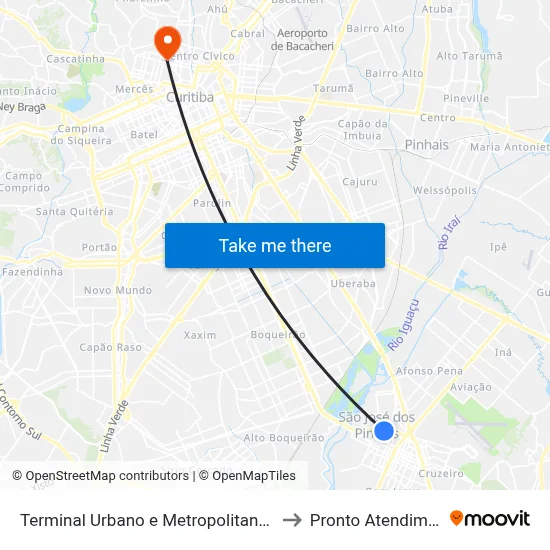 Terminal Urbano e Metropolitano Central de São José dos Pinhais to Pronto Atendimento Hospital Pilar map