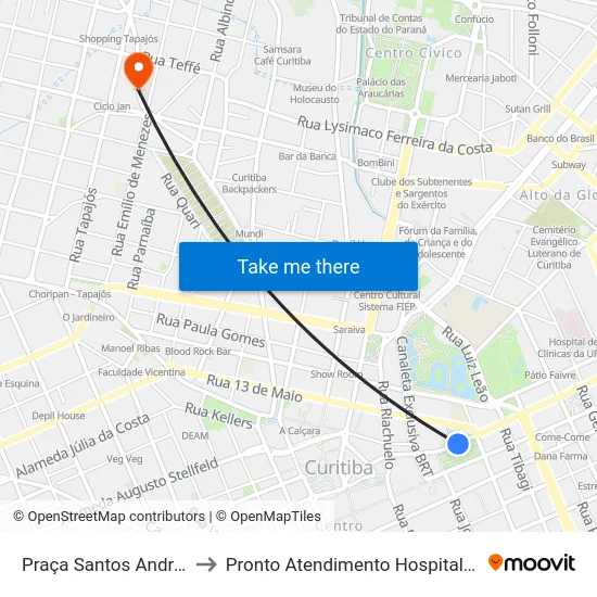 Praça Santos Andrade to Pronto Atendimento Hospital Pilar map