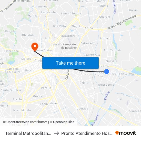 Terminal Metropolitano Pinhais to Pronto Atendimento Hospital Pilar map