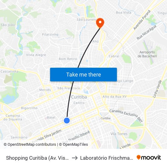 Shopping Curitiba (Av. Visconde De Guarapuava, 3850) to Laboratório Frischmanns Aisengart Barreirinha map