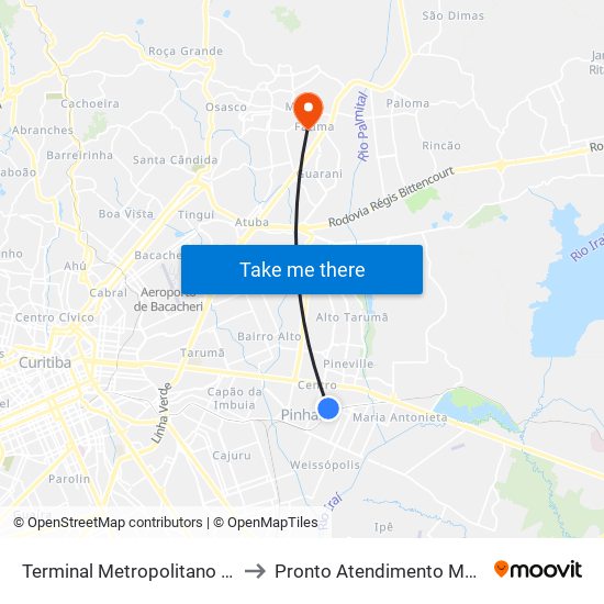 Terminal Metropolitano Pinhais to Pronto Atendimento Maracanã map