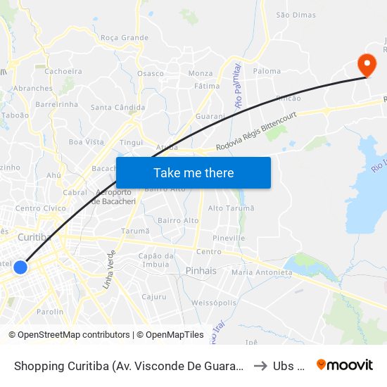 Shopping Curitiba (Av. Visconde De Guarapuava, 3850) to Ubs Caic map