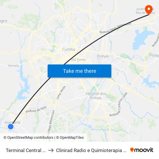 Terminal Central Araucária to Clinirad Radio e Quimioterapia - Angelina Caron map