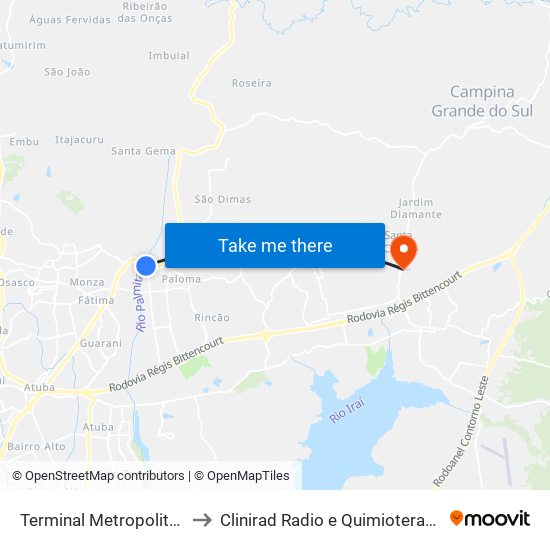 Terminal Metropolitano Guaraituba to Clinirad Radio e Quimioterapia - Angelina Caron map