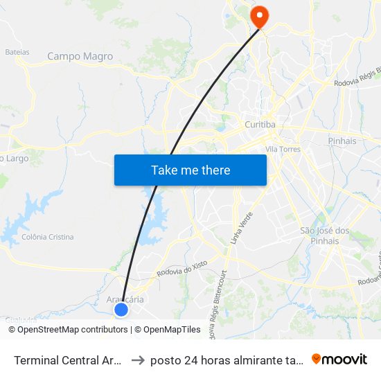 Terminal Central Araucária to posto 24 horas almirante tamandare map