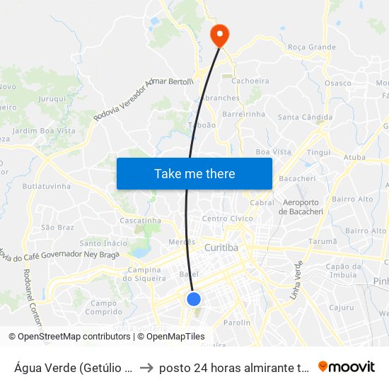 Água Verde (Getúlio Vargas) to posto 24 horas almirante tamandare map