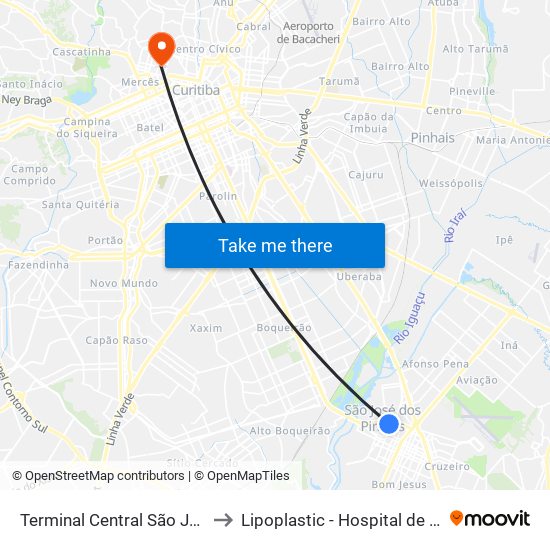 Terminal Central São José Dos Pinhais to Lipoplastic - Hospital de Cirurgia Plástica map