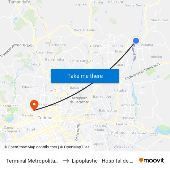 Terminal Metropolitano Guaraituba to Lipoplastic - Hospital de Cirurgia Plástica map