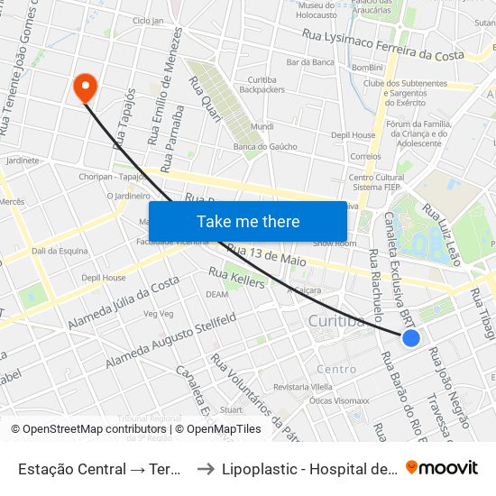 Estação Central → Terminal Capão Raso to Lipoplastic - Hospital de Cirurgia Plástica map