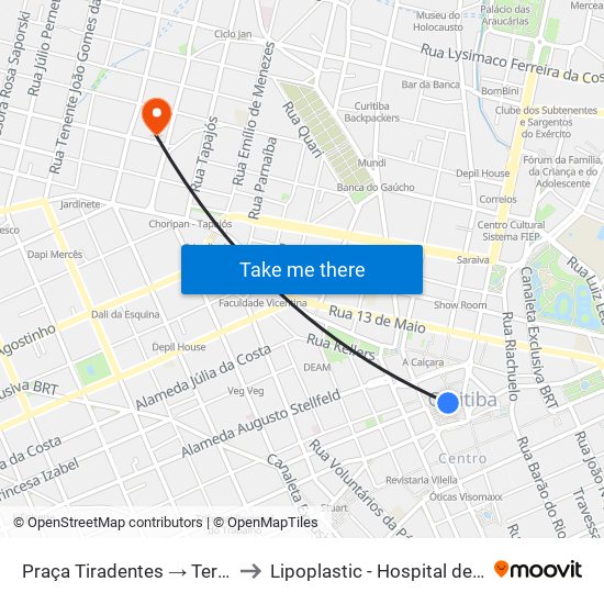 Praça Tiradentes → Terminal Bairro Alto to Lipoplastic - Hospital de Cirurgia Plástica map