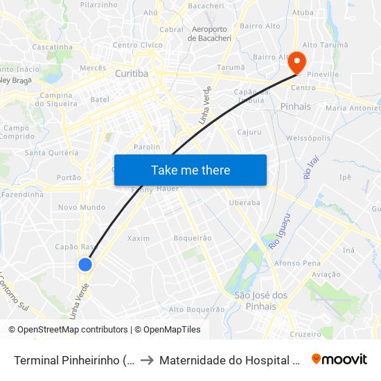 Terminal Pinheirinho (Externo) to Maternidade do Hospital de Clinicas map